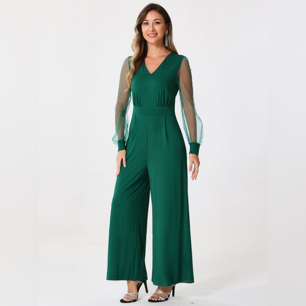 Allegra K Elegant V Neck Long Sleeve Mesh~Loose Wide Leg Jumpsuit (Small) NWT
